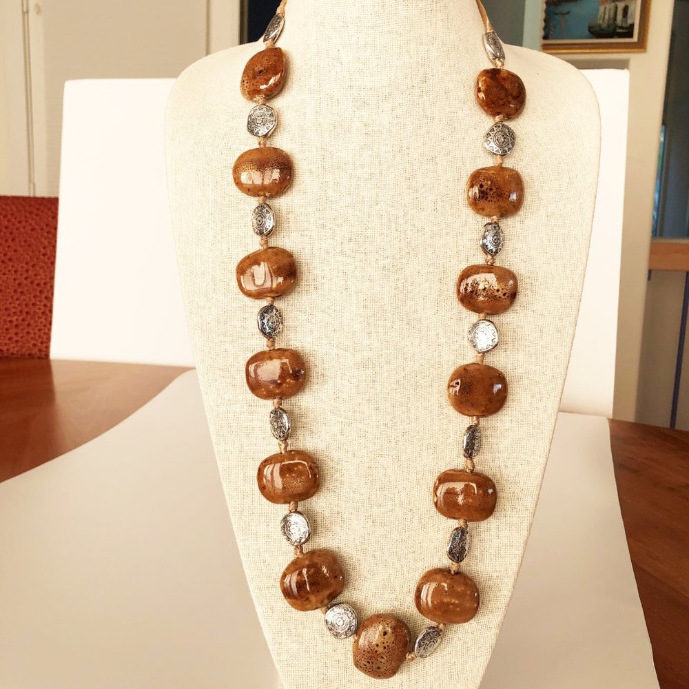 Natural stone and silver color bead necklace 37"